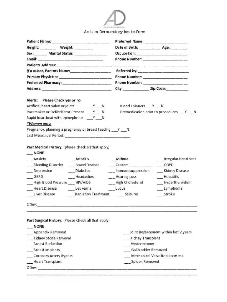 DocHub form-library490916-acclaimAcclaim Dermatology Intake Form - US Legal Forms Preview on Page 1