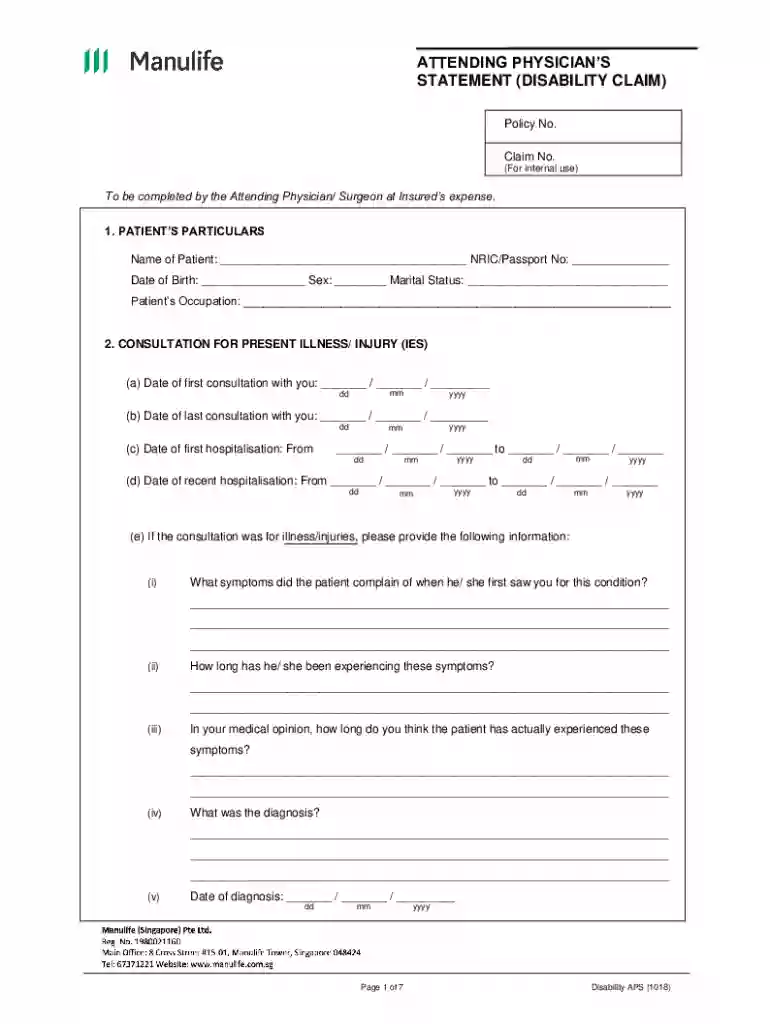 manulife sg PCDisabliltyAPSATTENDING PHYSICIANS STATEMENT (DISABILITY CLAIM) Preview on Page 1
