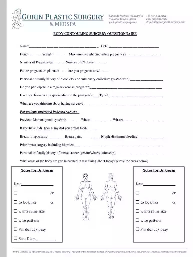 BODY CONTOURING SURGERY QUESTIONNAIRE Preview on Page 1