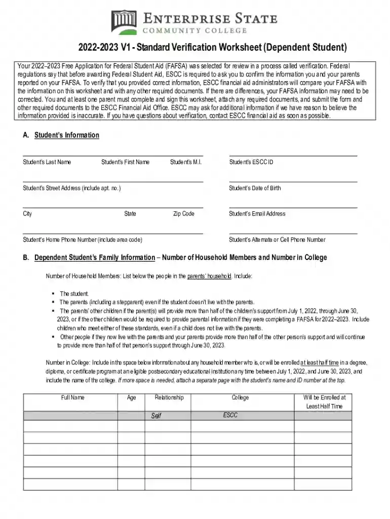 20222023 Standard Verification Worksheet V1-Dependent Student Preview on Page 1
