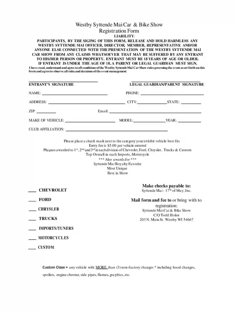 Westby Syttende Mai Car & Bike Show Registration Form Preview on Page 1
