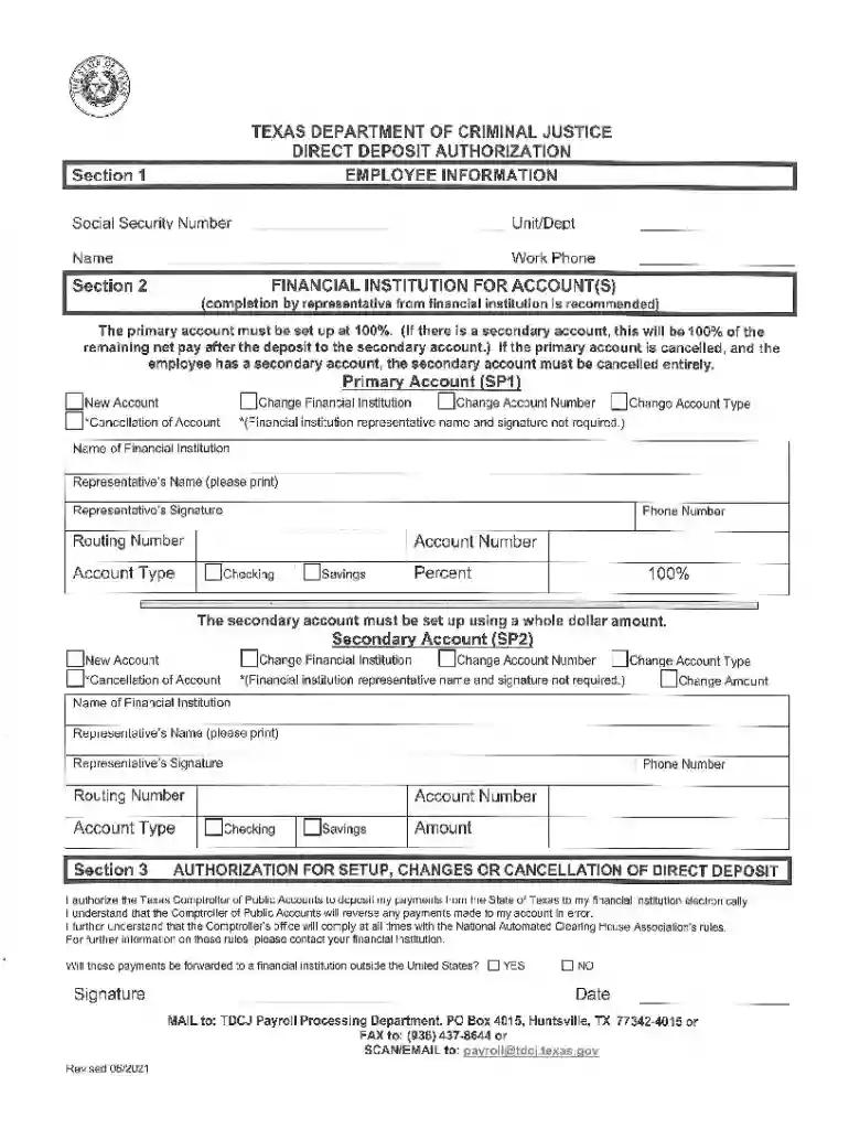 tdcj direct deposit form Preview on Page 1