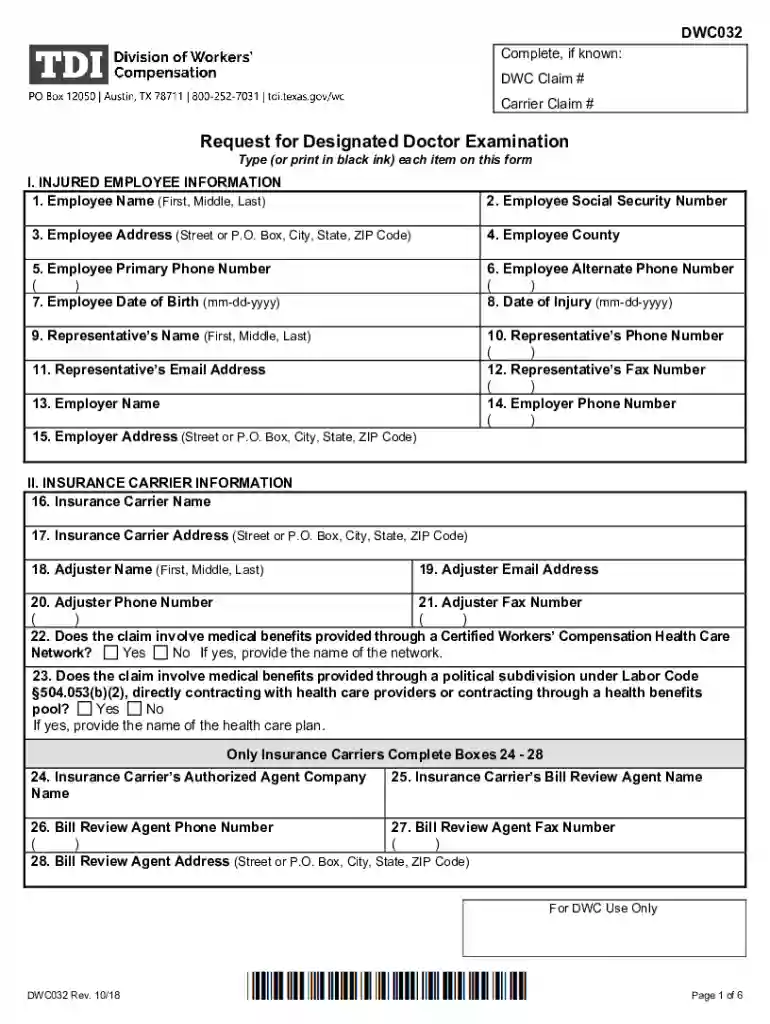 DWC Form-032, Request for Designated Doctor Examination Preview on Page 1
