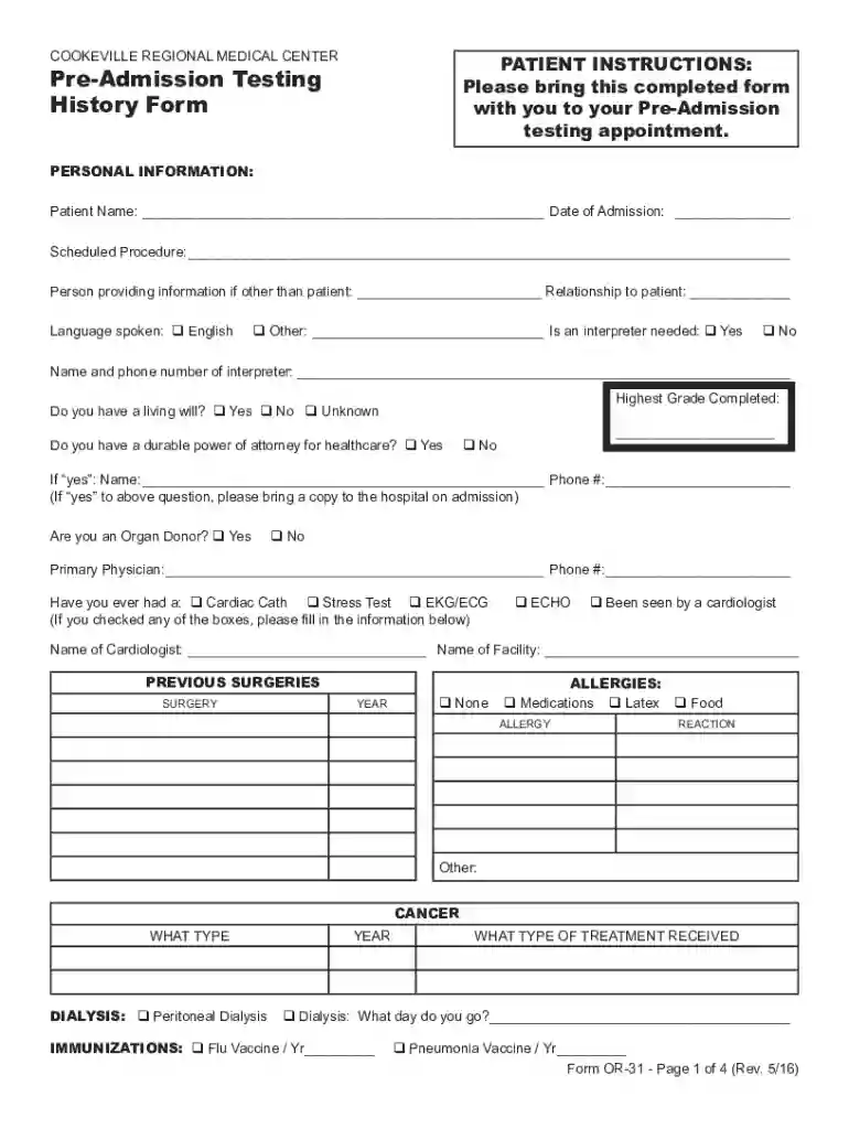 crmchealth sitesdefaultPre-Admission Testing History Form - crmchealth Preview on Page 1