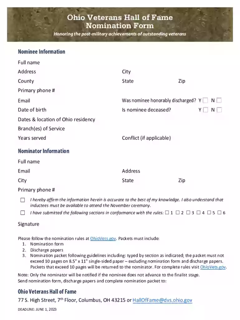 hall fame nomination form Preview on Page 1