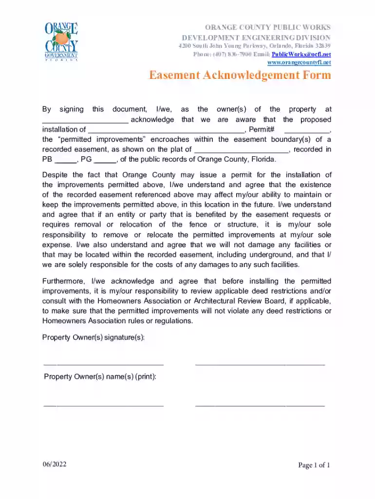 Orange County Easement Acknowledgement Form Preview on Page 1