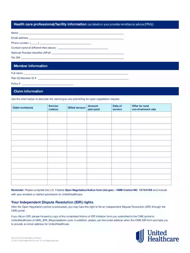 Supplemental Open Negotiation Request Form - UnitedHealthcare Commercial Plans As part of the No Sur Preview on Page 1