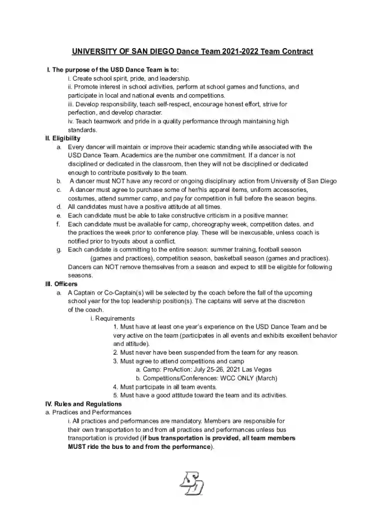 University of San Diego Dance Team Contract Form Preview on Page 1