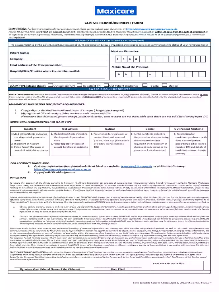 maxicare claim reimbursement form Preview on Page 1