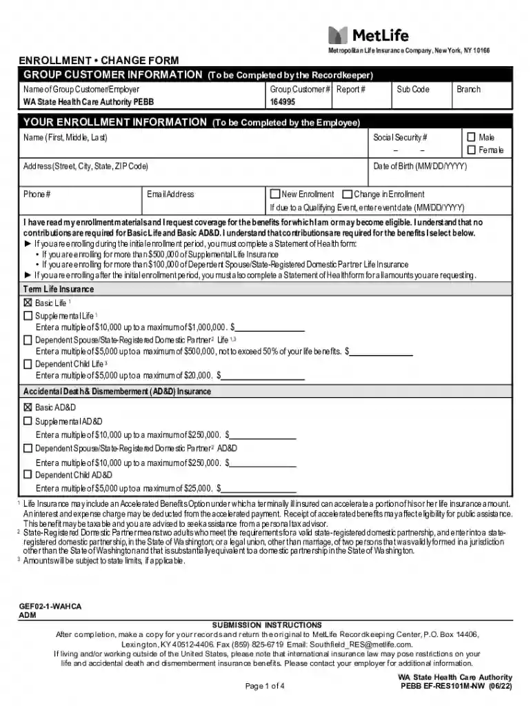 metlife enrollment change form Preview on Page 1