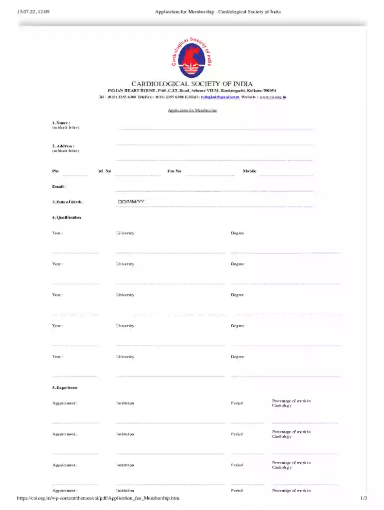 Application for Membership - Cardiological Society of India Preview on Page 1