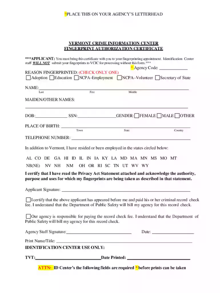 vermont fingerprint authorization certificate Preview on Page 1