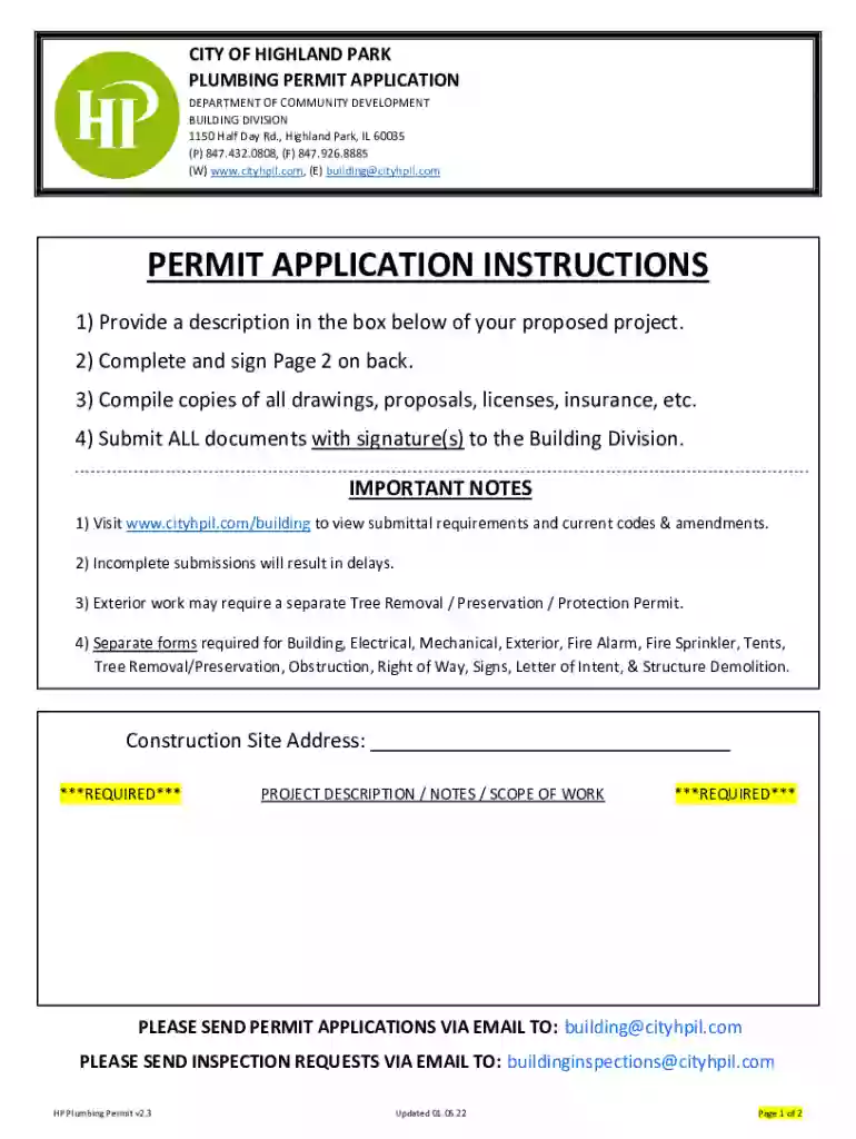 Highland Park Plumbing Permit, v2 3 Preview on Page 1