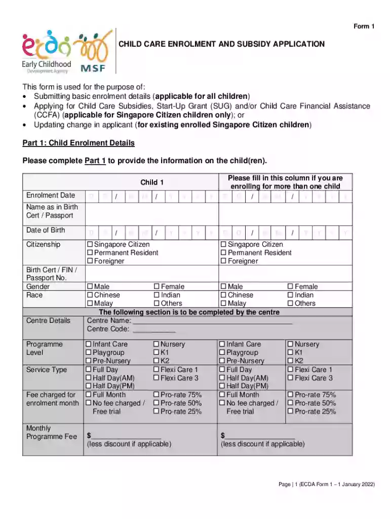 CHILD CARE ENROLMENT AND SUBSIDY APPLICATION Preview on Page 1