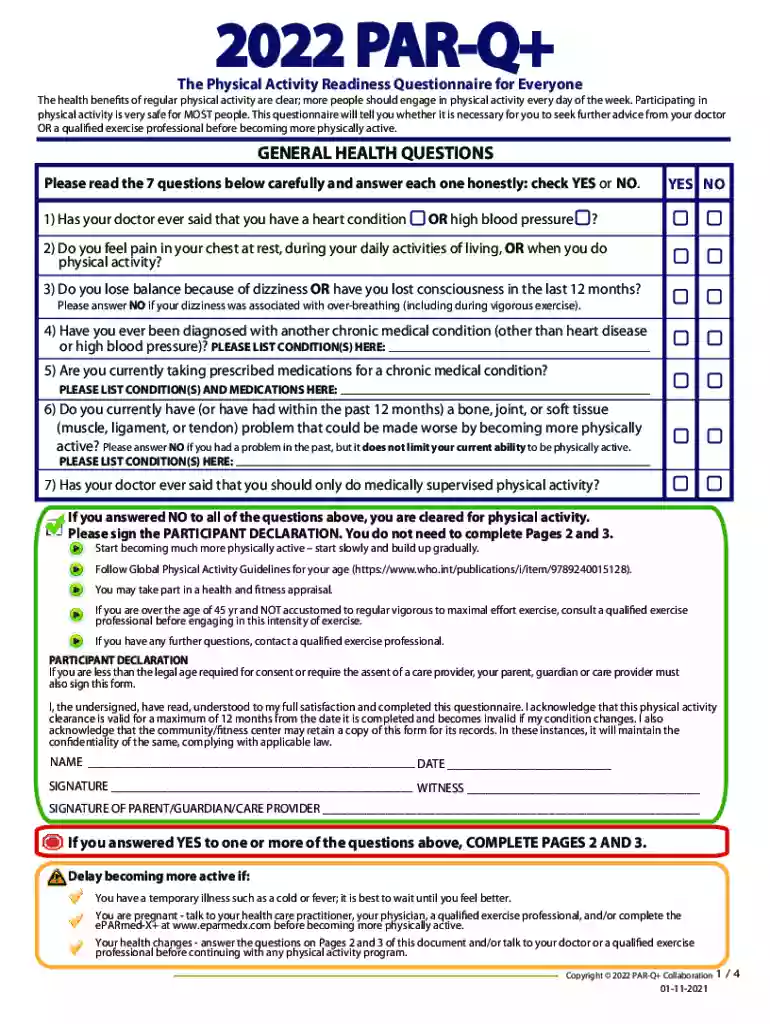 Physical Activity Readiness Questionnaire Preview on Page 1