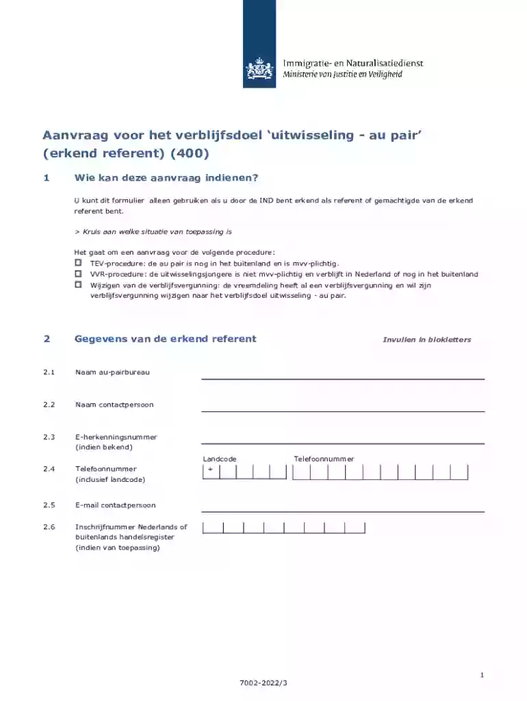 ind nlnlformulierenAanvraag voor het verblijfsdoel uitwisseling - au pair Preview on Page 1