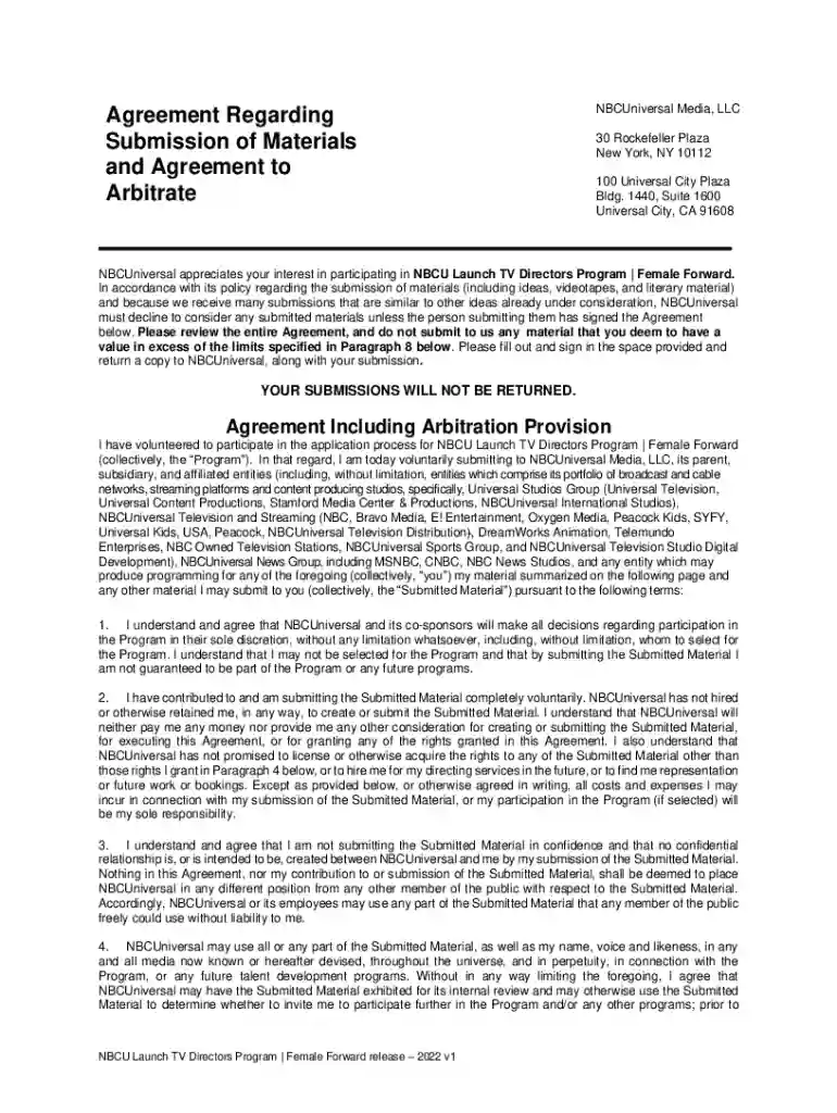 NBCUniversal Submission Agreement Preview on Page 1