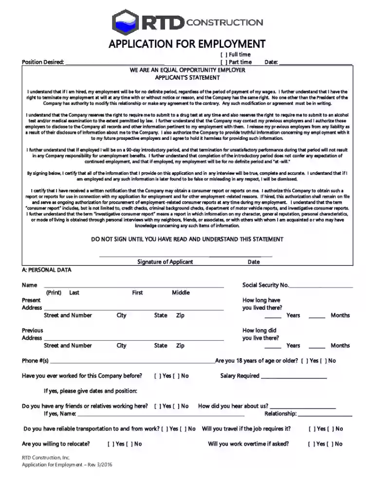 fill ioEmployment-Application-WE-ARE-AN-EQUALFillable Employment Application WE ARE AN EQUAL OPPORTU Preview on Page 1