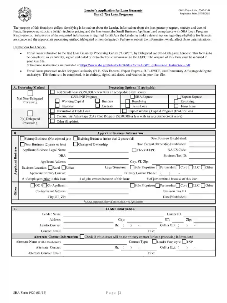 SBA Form 1920 Lender s Application for Loan Guaranty Preview on Page 1