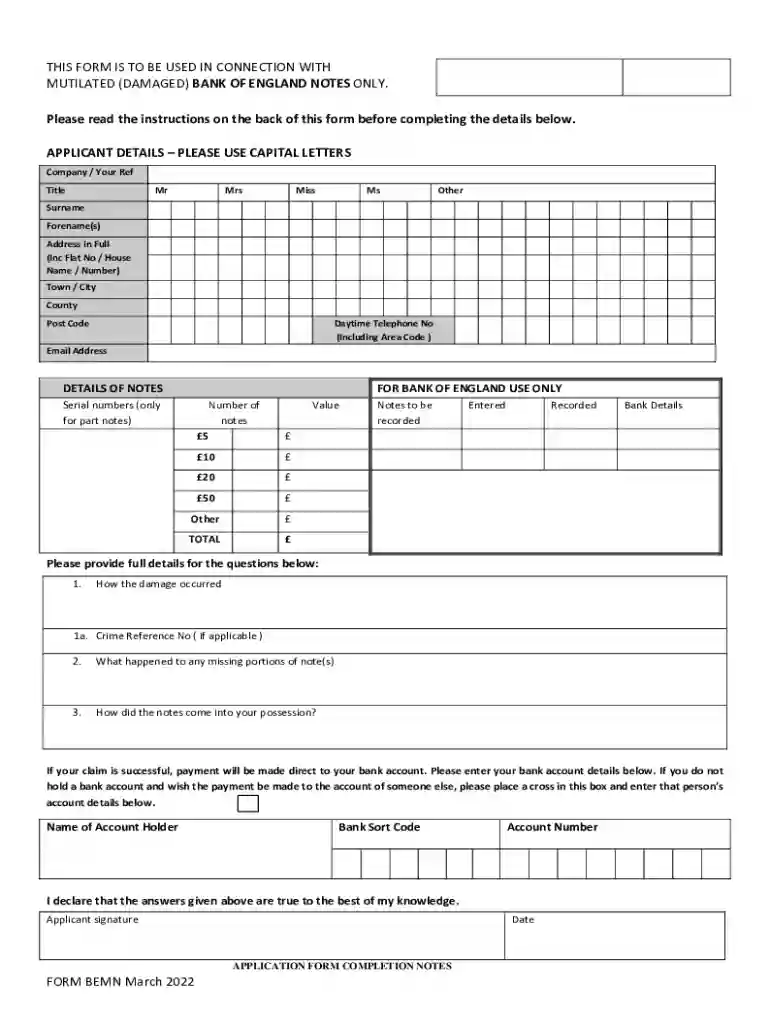 banknote application form Preview on Page 1
