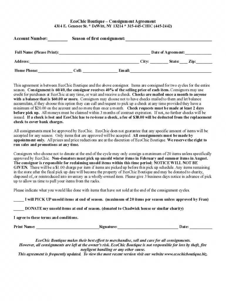 boutique consignment agreement Preview on Page 1