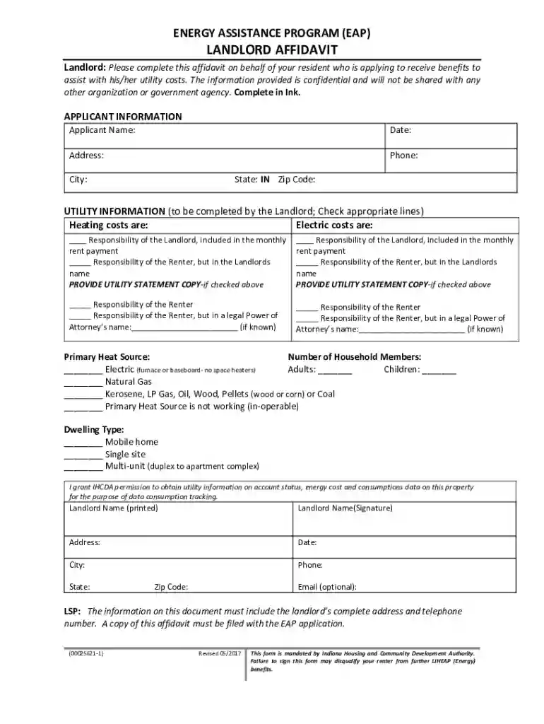 Landlord Affidavit for Energy Assistance Program Preview on Page 1