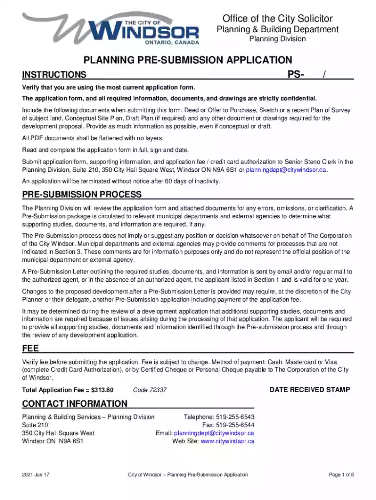 PLANNING PRE-SUBMISSION APPLICATION - citywindsor ca Preview on Page 1