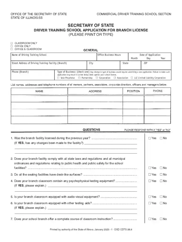Illinois Driver Training School Branch License Application Preview on Page 1