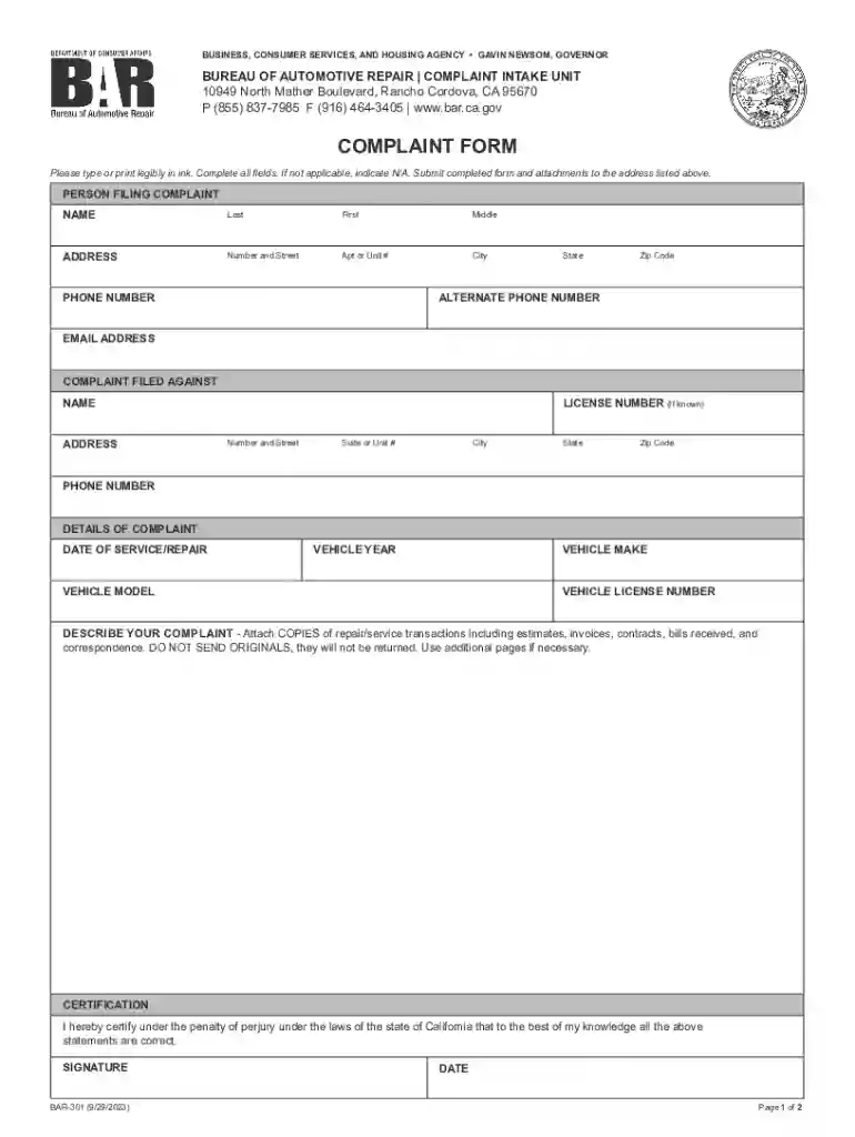 bureau automotive repair intake complaint Preview on Page 1