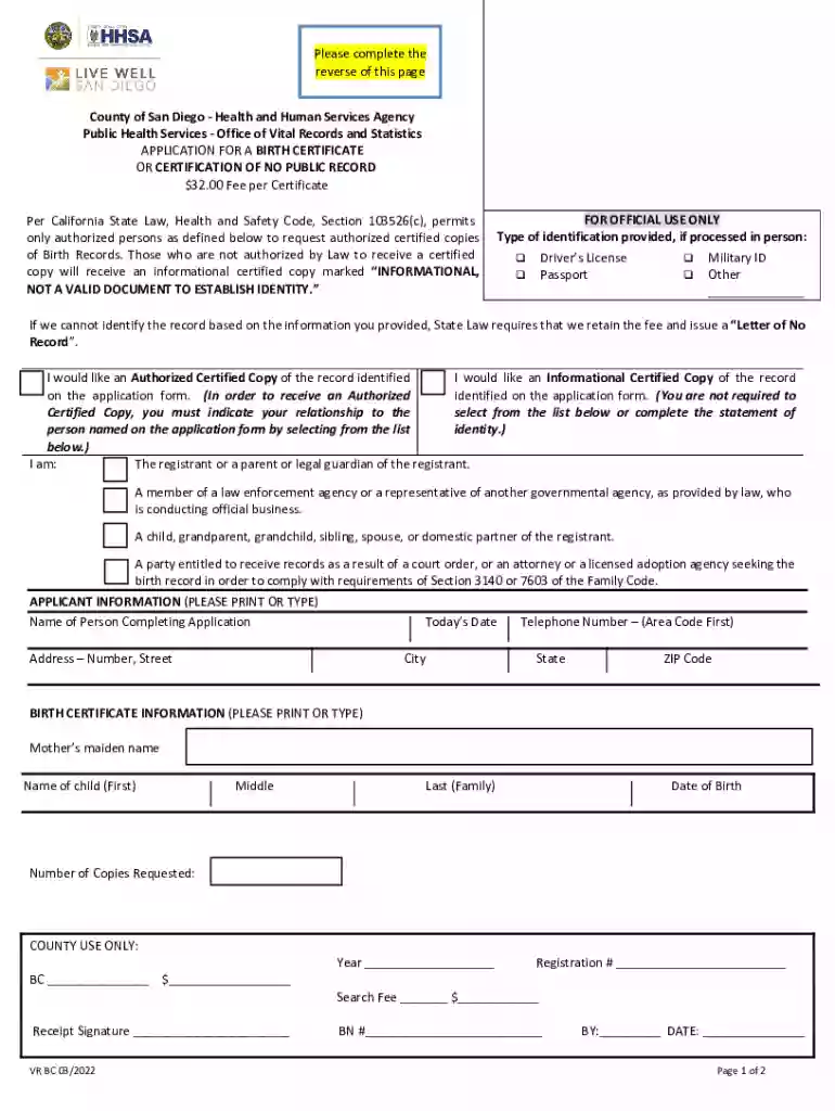 county birth certificate record form Preview on Page 1