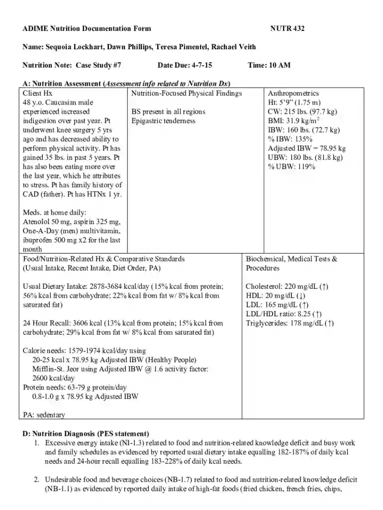 Nutrition Documentation Form NUTR 432 Preview on Page 1