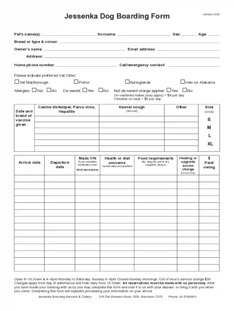 Jessenka Dog Boarding Form Preview on Page 1
