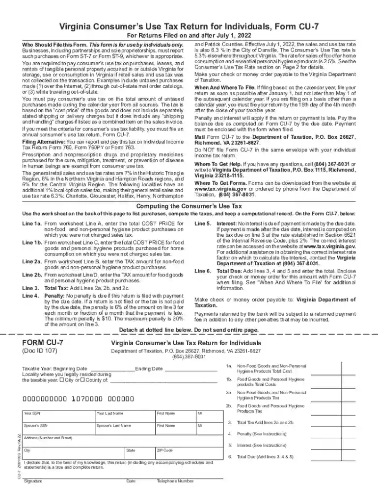 templateroller template2315762Form CU-7 "Virginia Consumer's Use Tax Return for Individuals Preview on Page 1