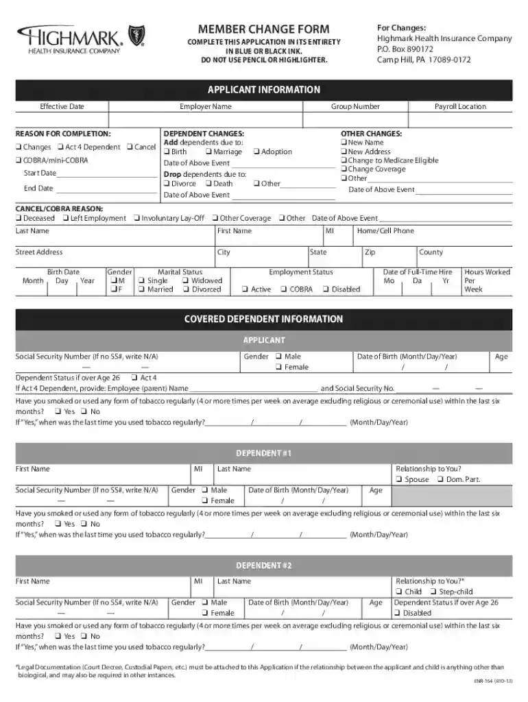 Highmark Health Insurance Member Change Form Preview on Page 1