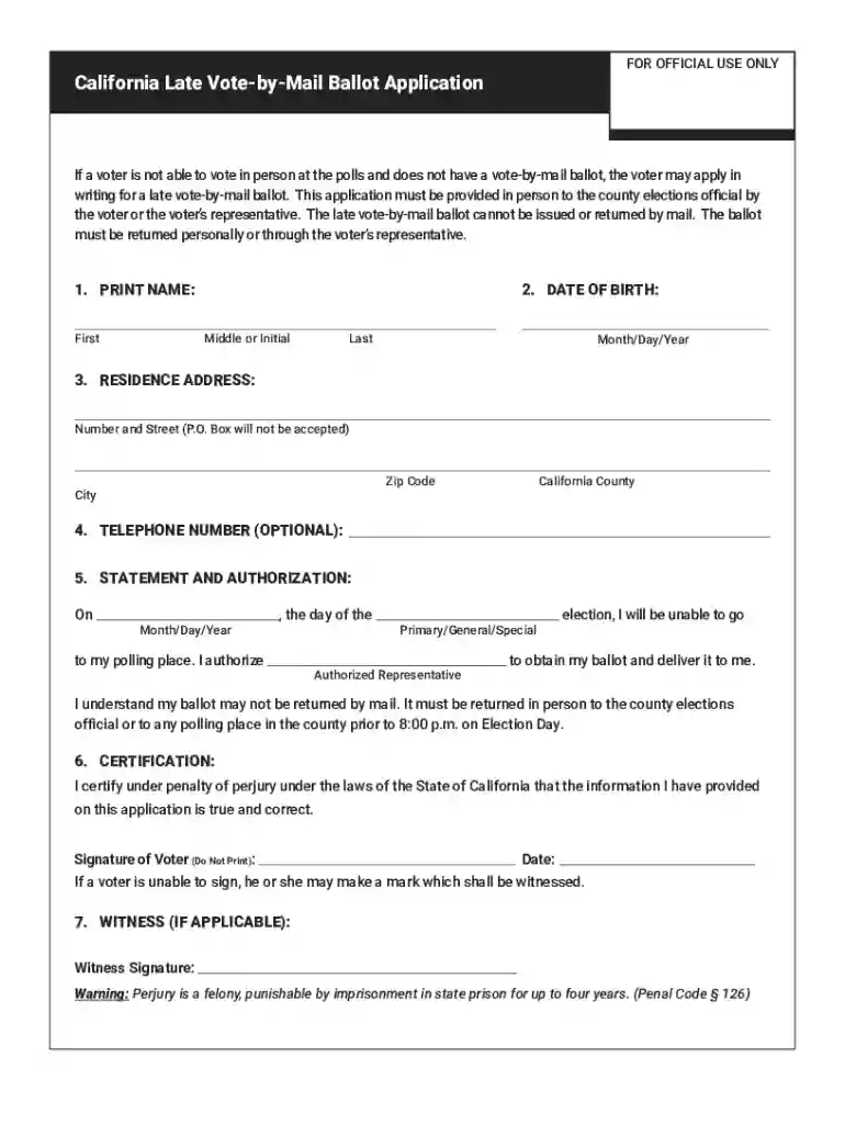 Late Vote by Mail Application. Late Vote by Mail Application Preview on Page 1