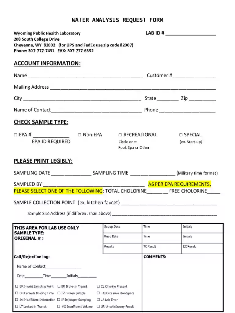 WATER ANALYSIS REQUEST FORM ACCOUNT INFORMATION Preview on Page 1