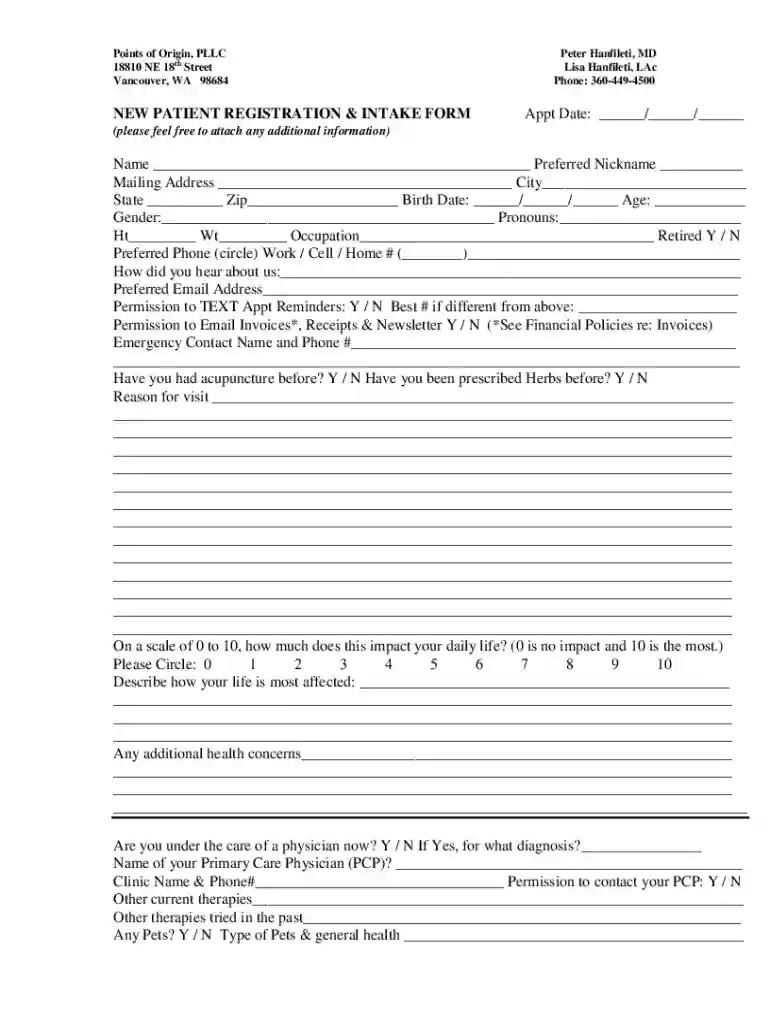 Points of Origin NEW PATIENT INTAKE FORM Preview on Page 1
