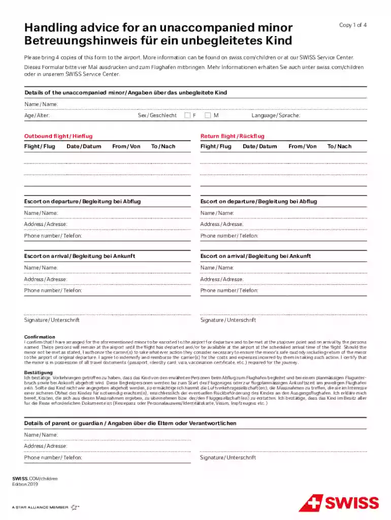 Unaccompanied Minor Form Preview on Page 1
