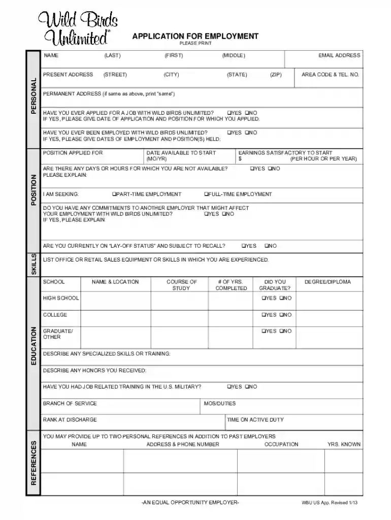 APPLICATION FOR EMPLOYMENT - Wild Birds Unlimited Preview on Page 1