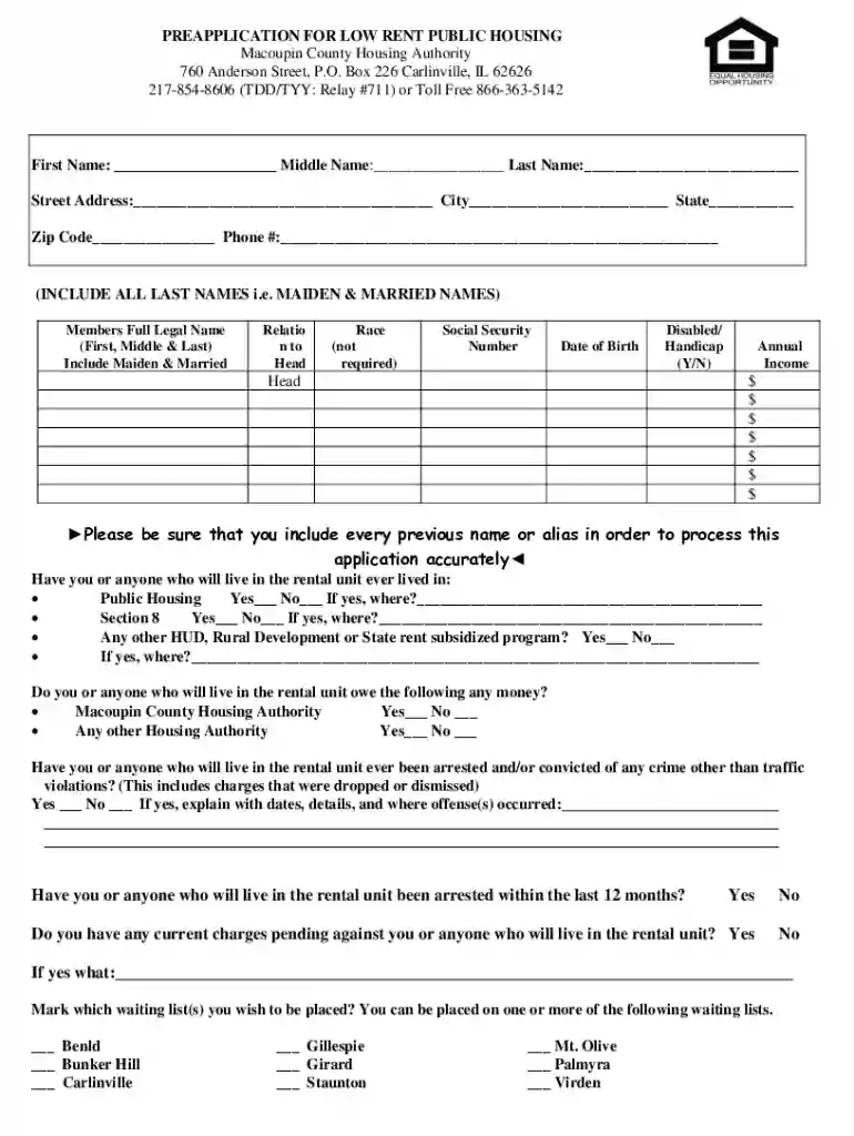 PREAPPLICATION FOR LOW RENT PUBLIC HOUSING Macoupin County Housing Preview on Page 1