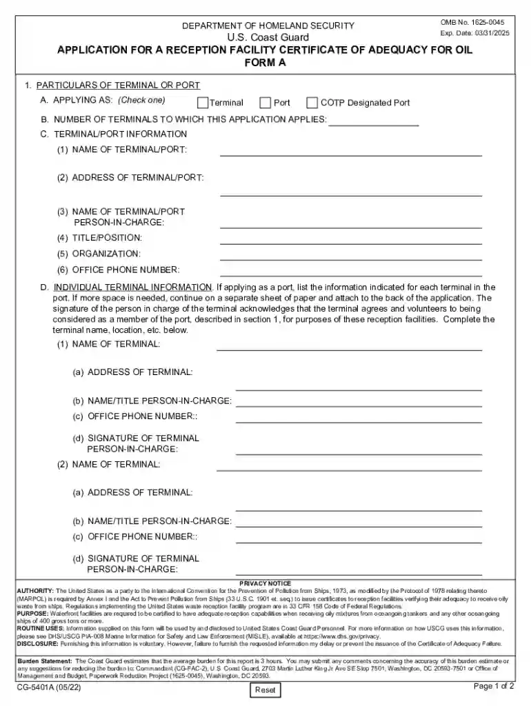 Application for Certificate of Adequacy (COA) for Reception Facilities Form A Preview on Page 1