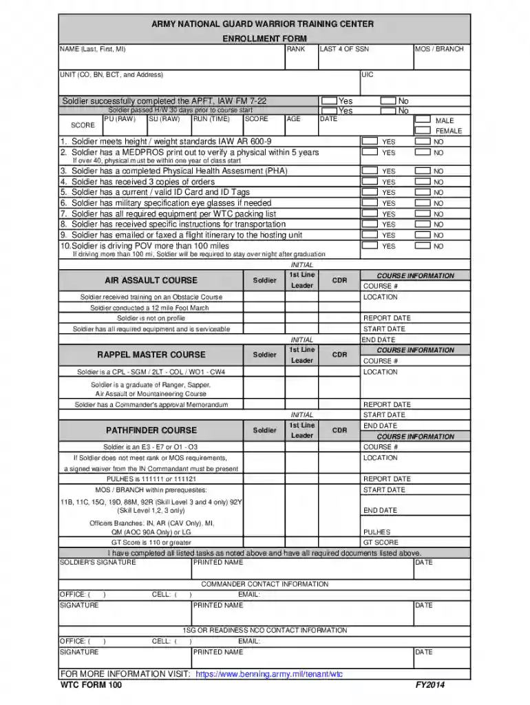 ARMY NATIONAL GUARD WARRIOR TRAINING CENTER ENROLLMENT FORM Preview on Page 1