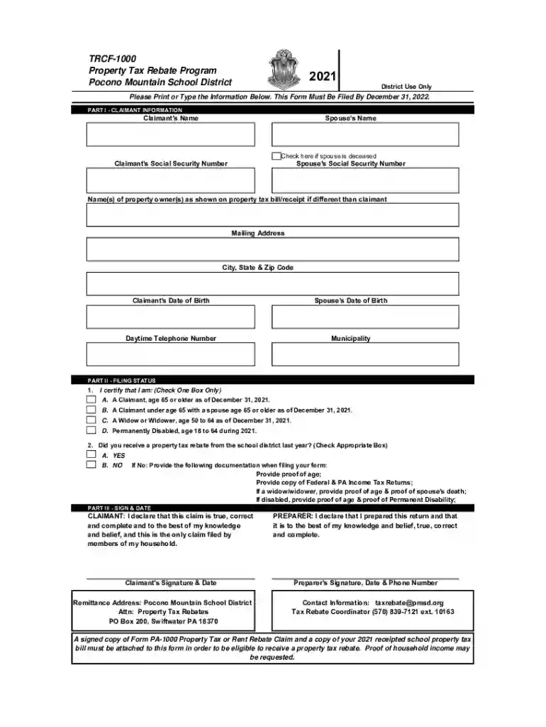 2021 TRCF-1000 (Tax Form) R1 - Pocono Mountain School District Preview on Page 1
