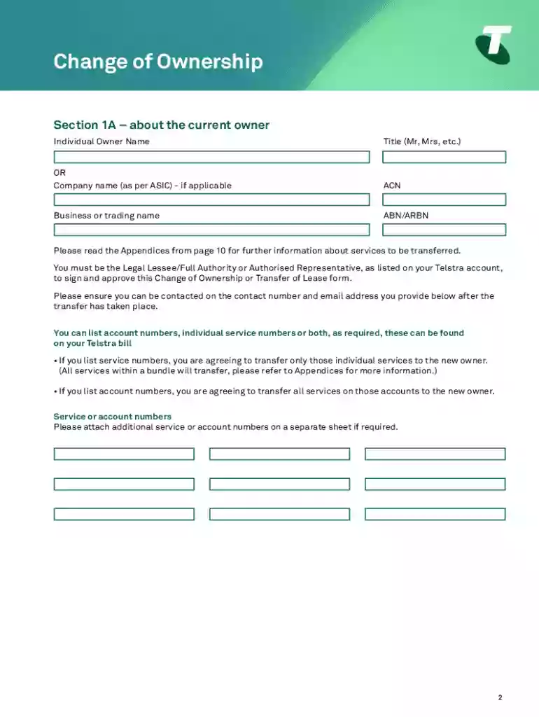 telstra change ownership form Preview on Page 1