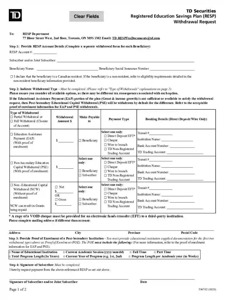 td resp withdrawal request form Preview on Page 1