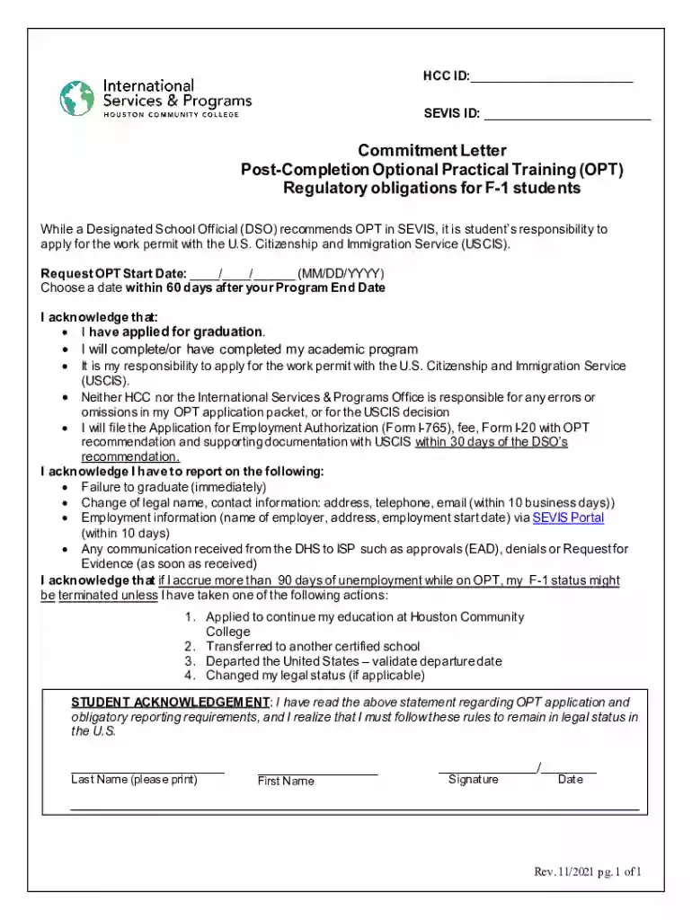 Fillable Post-Completion Optional Practical Training (OPT) Regulatory Preview on Page 1