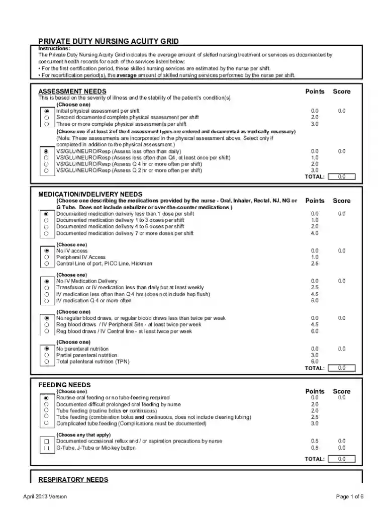 PRIVATE DUTY NURSING ACUITY GRID - Utah Department of Health Medicaid Preview on Page 1