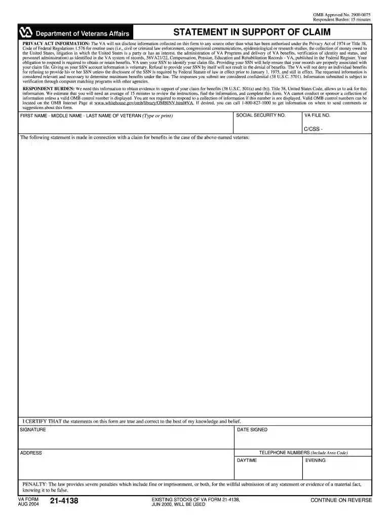 va form 21 4138 aug 2004 Preview on Page 1