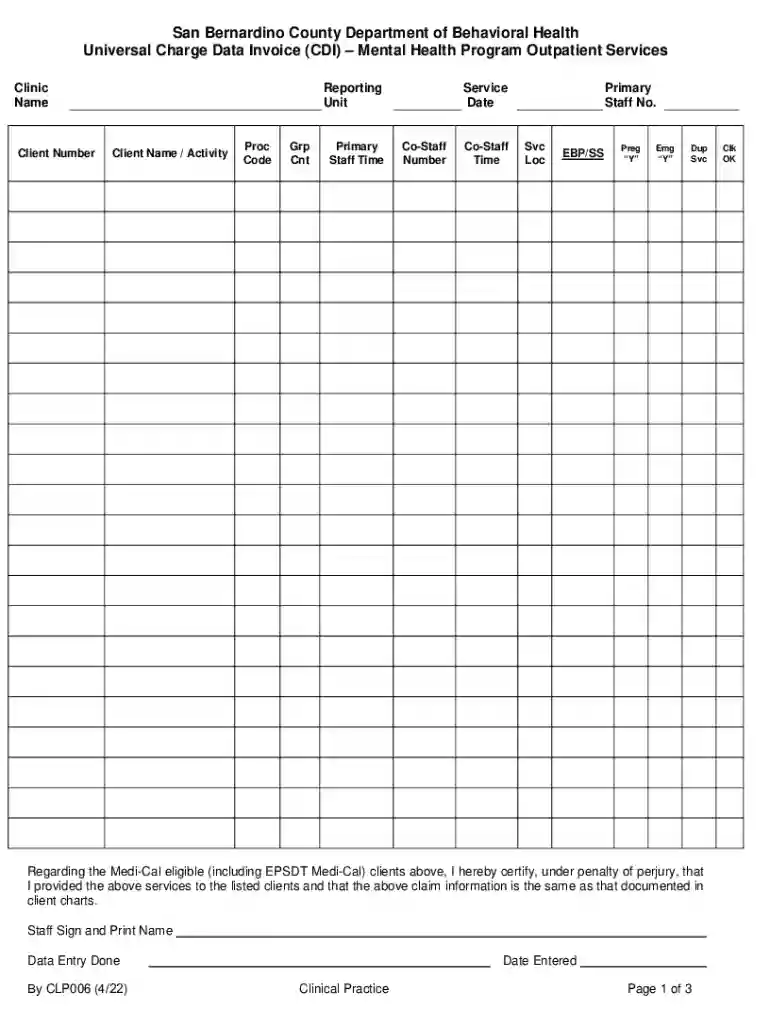 Universal Charge Data Invoice (CDI) Mental Health Program Outpatient Services Preview on Page 1