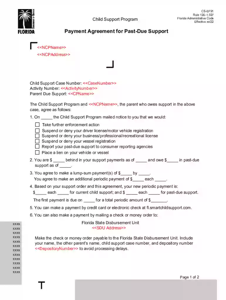 Payment Agreement for Past-Due Support - floridarevenue Preview on Page 1